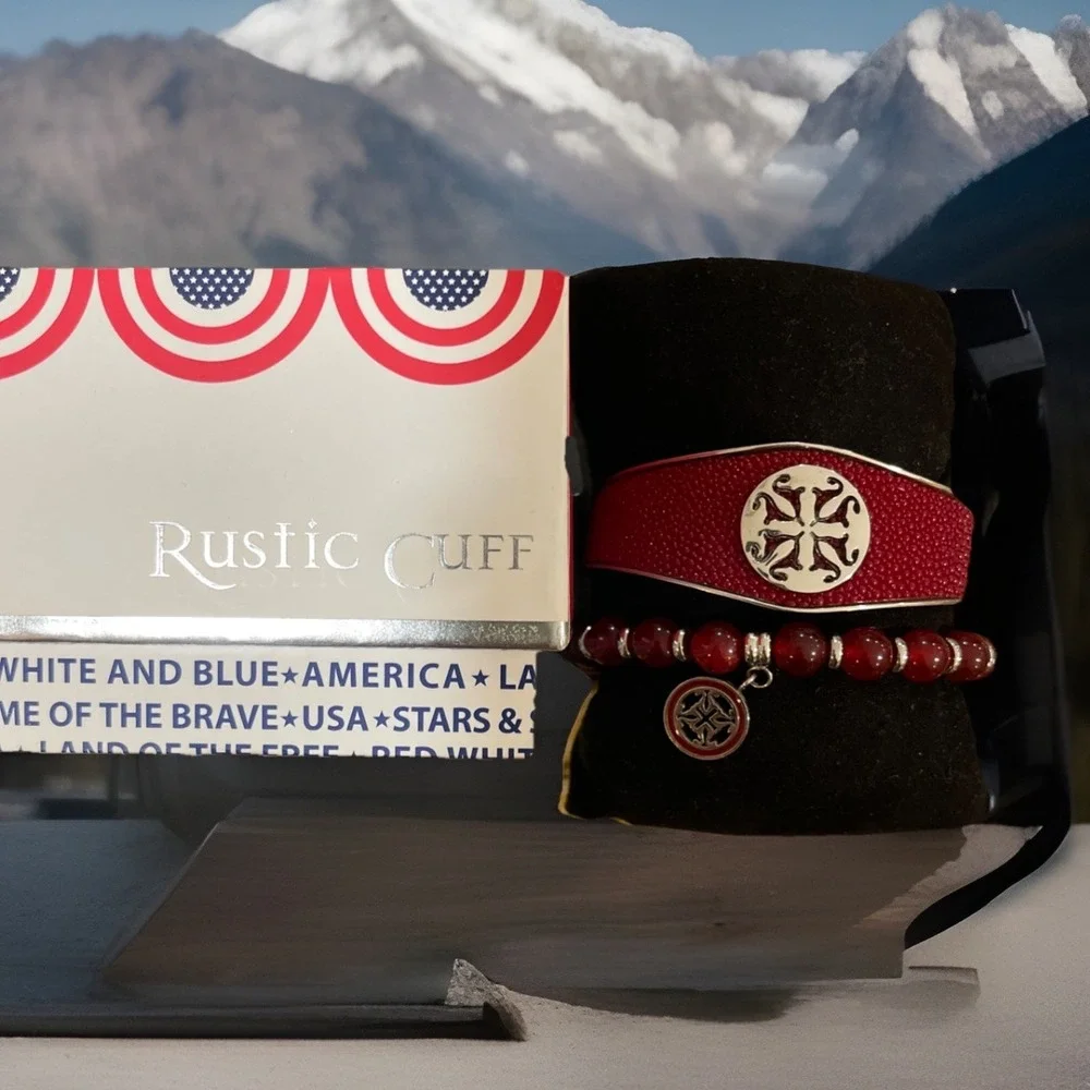Patriotic Rustic Cuff Set Of 2 Bracelets One Stretch One Metal Cuff Red & Silver